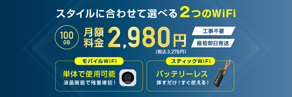 スタイルに合わせて選べる2つのWiFi!100GB月額料金2,980円（税込3,278円）